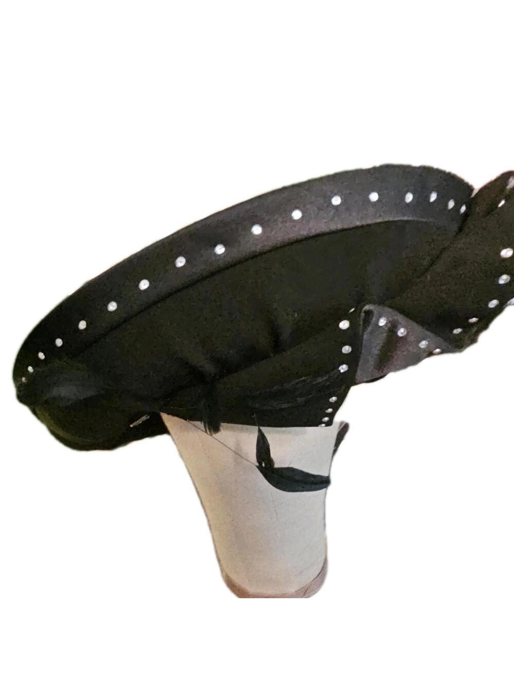 Milano Black Wool Dress Hat Rhinestone Ruffle Church Derby Statement Designer